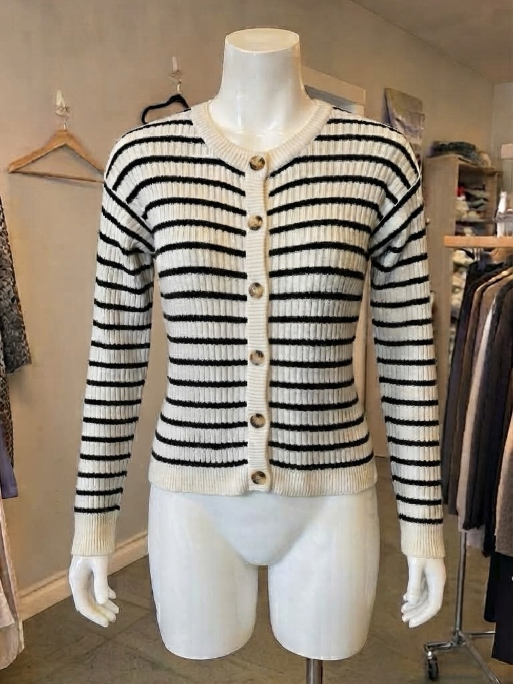 Vintage Knit-Set White Black Striped Ribbed Button Front Cardigan Sweater M
